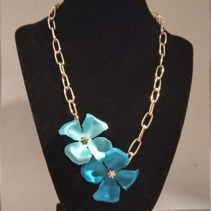 Metallic/18K Gold Turquoise Blue Flowers Necklace 20"